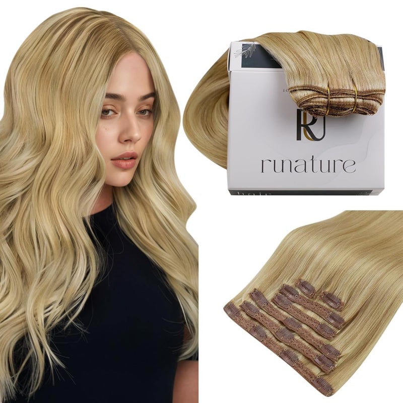 RUNATURE Blonde Clip in Hair Extensions, Real Human Hair Clip in Extensions, Short Hair Extensions Clip Ins, Double Weft Remy Natural Hair, 12 Inch 80g 7pcs, #16P24 Golden Blonde Highlights - Image 1
